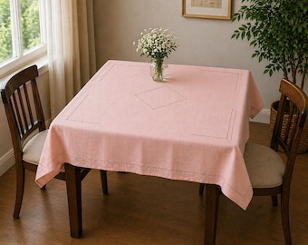 Mantel vintage de lino rosa de 50x50 cm con borde festoneado bordado, estilo mediados de siglo.