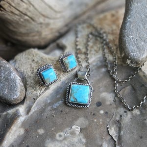 Kingman Turquoise Jewelry Set | Sterling Silver Necklace & Earrings | Handmade Western Gift for Her | Turquoise Necklace | Stud Earrings