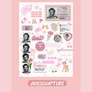 May include: A pink collage with images of a singer, stickers, and text. The collage includes photos, a CD, and text that reads "Love on Tour," "Obsessed with Harry Styles," and "Pleasing." Other elements include stars, hearts, and a deer.