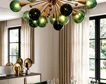 Emerald Green Glass Globe Sputnik Chandelier | Brass Finish Mid Century Modern Ceiling Light