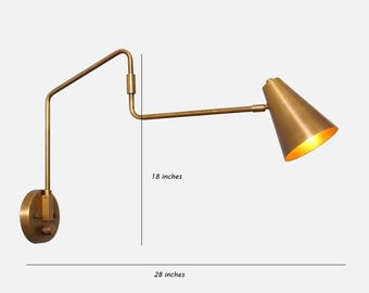 Plug In Brass Triangle Wall Sconce, Geometric Swing Arm Light, Mid Century Modern Reading Lamp, Vintage Wall Light, Twin Ember