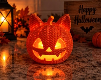 Puede incluir: Una linterna de color naranja brillante con textura en forma de calabaza, con orejas de gato y una cara tallada. El interior está iluminado por una luz amarilla cálida que brilla a través de los ojos, la nariz y la boca dentada.