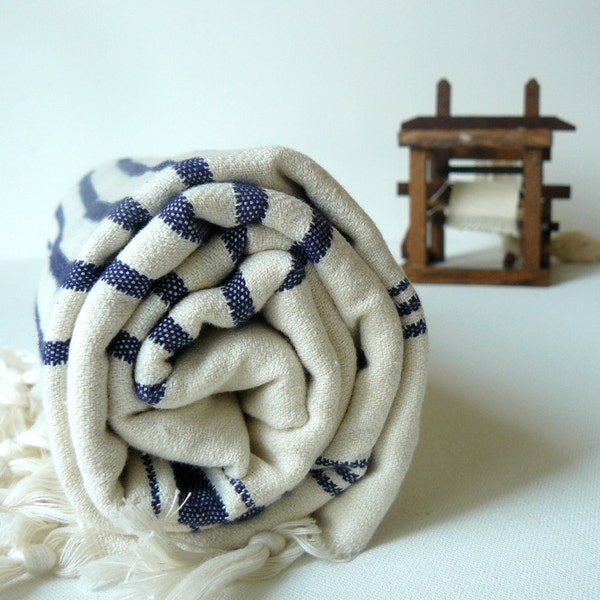 Handwoven Turkish BaTh ToWel - AeGean Soft Peshtemal  - Ivory - Dark Blue Stripes