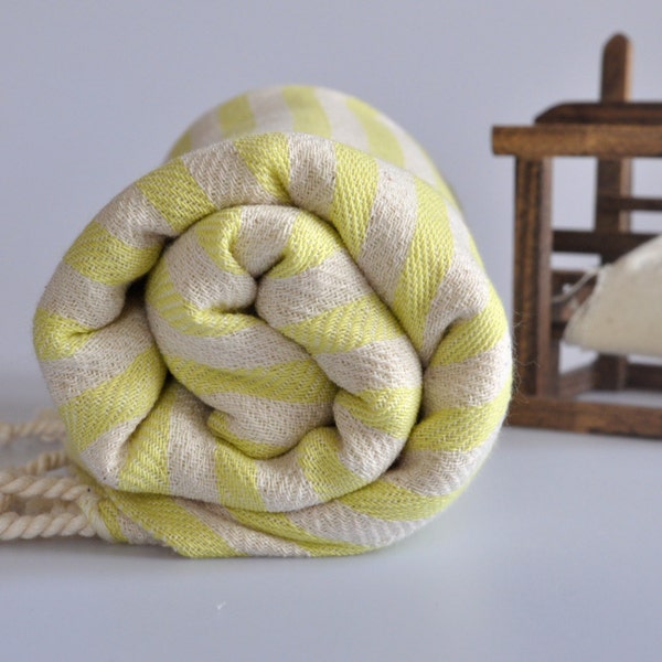 Turkish Bath Towel - Commagene Peshtemal   - Soft Cotton - Ivory- Lemon Green