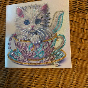 Handmade Kitten in Teacup Card – Diamond Art Embellished Blank Note Card – Cute Cat Greeting Card in Purple + Blue – One of a Kind