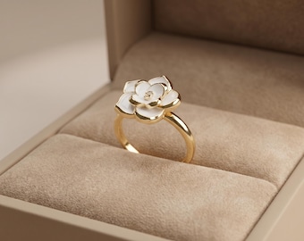 White Enamel Camellia Adjustable Ring, 18K Gold Plated Floral Ring