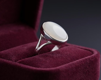 Natural Oval Moonstone Ring, Minimalist Silver Statement Ring, White Cabochon Gemstone