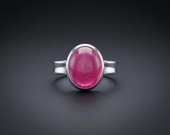 Natural Oval Ruby Cabochon Statement Ring, Polished Silver Bezel Setting, Minimalist Cocktail Ring