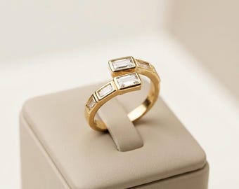 Gold Plated Baguette Wrap Ring | Modern Open Ring