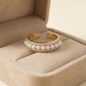 Pearl Eternity Ring, 18K Gold Plated Band, CZ Pavé Accents, Bridal Stacking Jewelry
