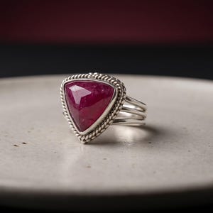 Triangular Natural Ruby Statement Ring, Silver-Toned, Vintage Style Gemstone Jewelry