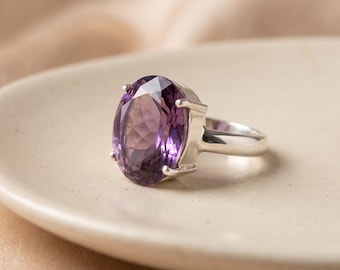Natural Amethyst Oval Ring, Silver Statement Gemstone Jewelry