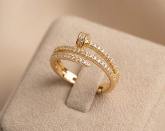 18k Gold Plated CZ Pavé Open Ring, Adjustable Double Band, Sparkling Statement Ring