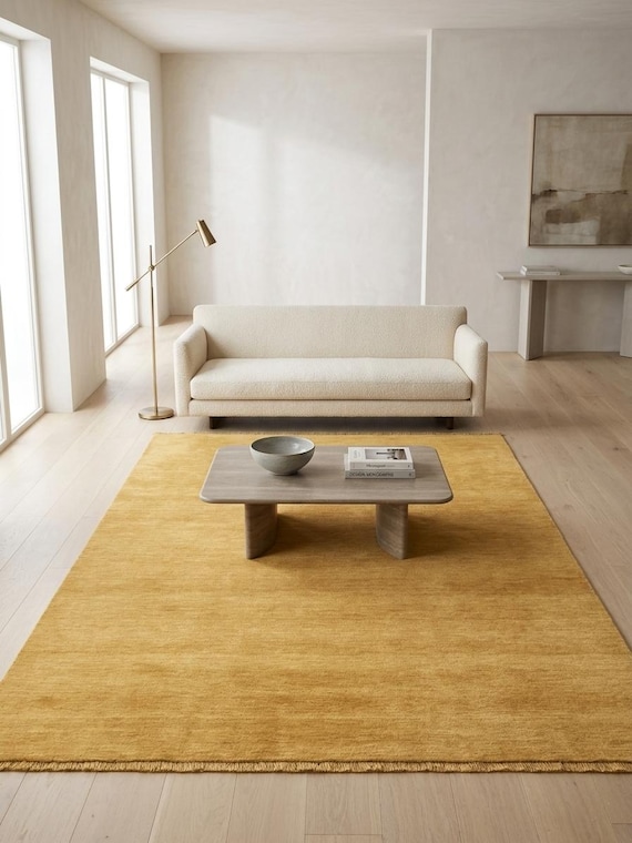 Mustard Yellow Handloom Rug, Solid Wool Area Rug, Minimalist Modern Carpet, Scandinavian Living Room Rug, Handmade Luxury Rug