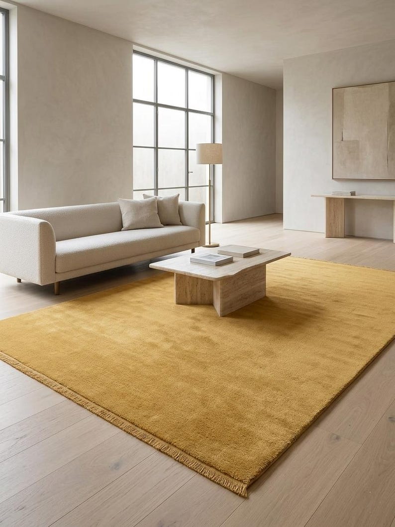 Senapsgula handvävda mattor, enfärgad ullmatta, minimalistisk modern matta, skandinavisk vardagsrumsmatta, handgjord lyxmatta bild 6
