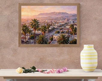 Los Angeles Wall Art - Poster tramonto California - Paesaggio urbano con palme - Decorazione con pittura a olio pastello