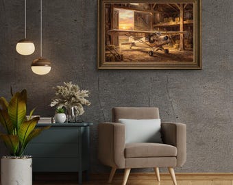 Decorazione murale con aereo d'epoca - Stampa tramonto in un fienile - Decorazione aeronautica - Regalo per piloti - Poster rustico in stile fattoria