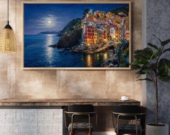 Arte da parete delle Cinque Terre - Poster di Riomaggiore Italia - Arte romantica della luna - Decorazione della Riviera italiana