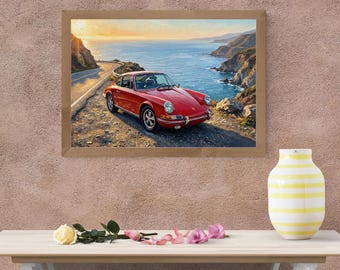Stampa Porsche 911 d'epoca – Big Sur Sunset Automotive Art (download digitale)