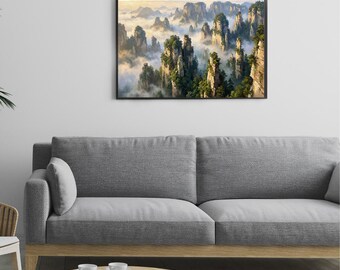 Arte murale dei Monti Tianzi - Dipinto ad olio della foresta nebbiosa