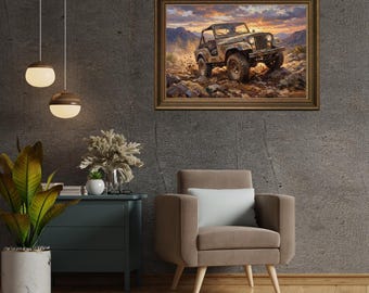 Stampa artistica di un tramonto in fuoristrada con Jeep – Poster di SUV fangoso (download digitale)