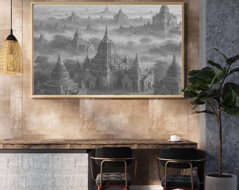 Bagan Myanmar Wall Art - Stampa in bianco e nero - Poster dei templi nebbiosi - Paesaggio monocromatico
