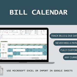 Planilha de Calendário de Contas | Rastreador de Contas Mensais em Excel | Organizador de Despesas e Pagamentos
