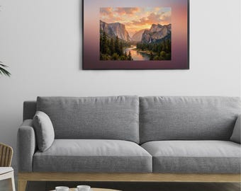 Stampa del paesaggio al tramonto sullo Yosemite – Vista della valle in stile dipinto a olio (download digitale)