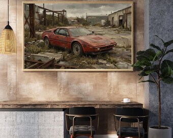Stampa di un'auto BMW M1 abbandonata - Poster ritrovato in un fienile automobilistico (download digitale)
