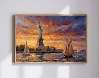 Decorazione murale della Statua della Libertà - Regalo patriota americano - Poster del tramonto di New York - Decorazione nautica