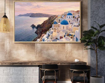 Santorini Wall Art - Poster dell'isola greca - Cupole blu di Oia - Arredamento mediterraneo - Pittura costiera