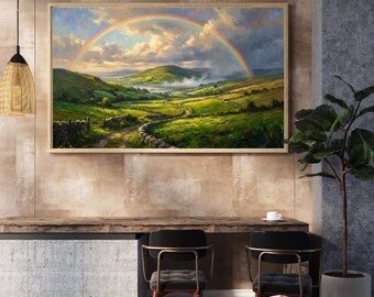 Arte murale con paesaggio arcobaleno - Decorazione da fattoria - Pittura a olio sulle colline verdi - Arte naturalistica per bambini