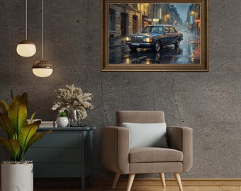 Poster da parete Mercedes d'epoca - Poster di auto d'epoca - Berlina blu W123 - Decorazione per ufficio in ambito automobilistico