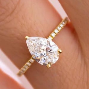 2 CT Pear Cut Moissanite Ring, 14K Yellow Gold Pave Ring, Hidden Halo and Claw Prong Ring, Engagement Ring, Anniversary Gift for her