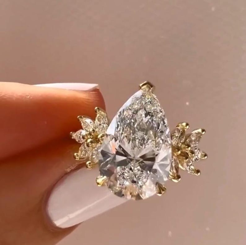 3 CT Pear Cut Moissanite Engagement Ring Marquise Cut Side Stones 14k ...