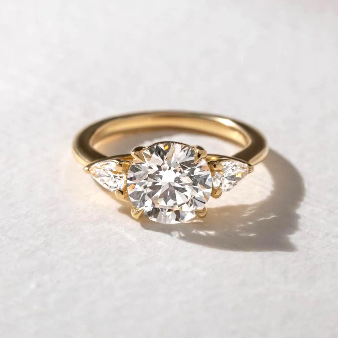 2 CT Three Stone Round Cut Moissanite Engagement Ring Side Stone Pear ...