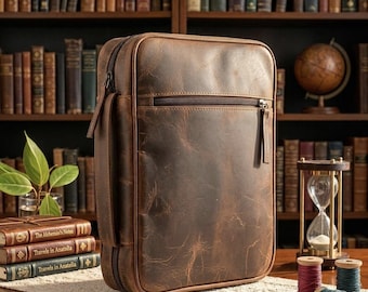 Personalized Leather Bible Cover with Handle, Custom Bible Case Organizer with Zipper Pocket, Engraved Leather Book Sleeve