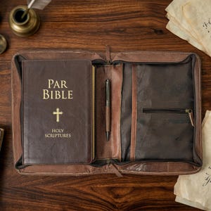 May include: A brown leather Bible with gold lettering and a cross, inside a matching leather case. The case is open, revealing a pen and additional storage. The text on the Bible reads "PAR BIBLE" and "HOLY SCRIPTURES".