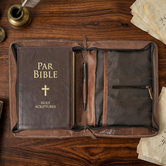 Custom Leather Bible Cover with Pen Holder - Personalized Bible Case for Men Gift for Father's Day - Engraved Religious Church Journal