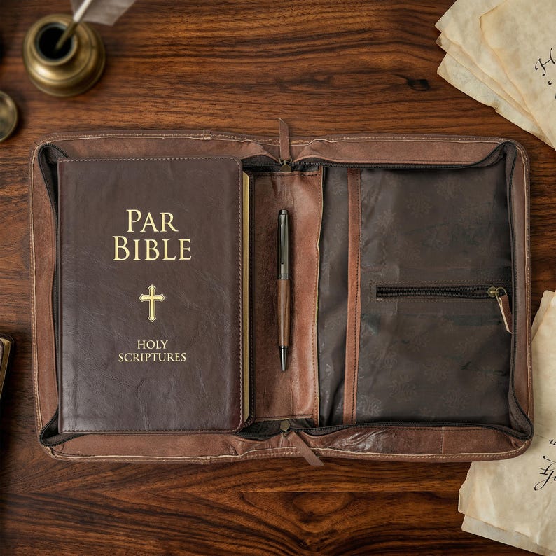 May include: A brown leather Bible with gold lettering and a cross, inside a matching leather case. The case is open, revealing a pen and additional storage. The text on the Bible reads "PAR BIBLE" and "HOLY SCRIPTURES".