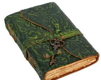 Green Leather Journal with Lock, 400 Pages Handmade Vintage Diary, Rustic Antique Notebook, Writing Journal, Unique Gift for Her Him