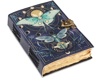 Luna Moth Witch Journal, 400 Pages Handmade Leather Grimoire, Moon Phase Spell Book, Book of Shadows, Vintage Lock Diary