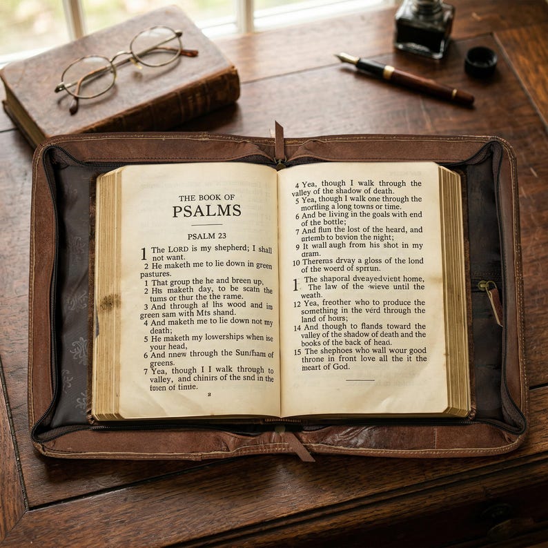 May include: An open Bible, displaying Psalm 23, rests in a brown leather case on a wooden surface. A pair of round eyeglasses and a closed book are visible in the background, along with a pen and inkwell. The scene evokes a sense of study and reflection.