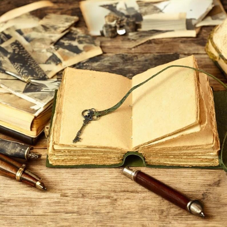 May include: An open, antique-style journal with aged pages and a decorative key attached by a green cord. Two pens and other books are visible on a wooden surface, along with old photographs, creating a vintage aesthetic.