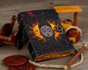 400 Pages Galaxy Sun and Moon Leather Journal - Celestial Grimoire Sketchbook - Vintage Deckle Edge Paper Diary - Personalized Wiccan Gift