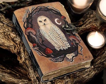 400 Page Leather Journal Gothic Notebook The Owl Grimoire Print - Vintage Handmade Book Of Shadows Witchcrafts Journal Gifts for Men