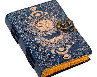 Sun and Moon Leather Journal - 400 Pages Handmade Deckle Edge Paper - Celestial Grimoire - Vintage Book of Shadows - Witchcraft Spell Book