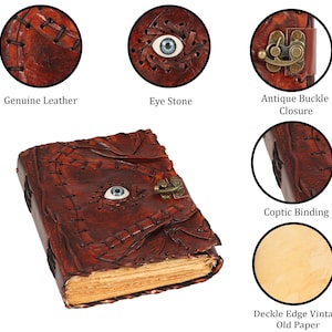 May include: A brown leather journal with an antique buckle closure and an eye stone. The journal features a Coptic binding and deckle edge vintage paper. The cover is stitched with a dark thread.