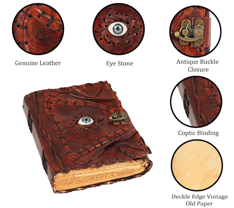 May include: A brown leather journal with an antique buckle closure and an eye stone. The journal features a Coptic binding and deckle edge vintage paper. The cover is stitched with a dark thread.