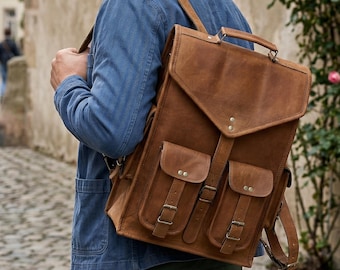 Handmade Goat Leather Backpack, Vintage 15.6 Laptop Rucksack, Personalized Retro Travel Daypack for Men Women, Soft Genuine Leather Bookbag